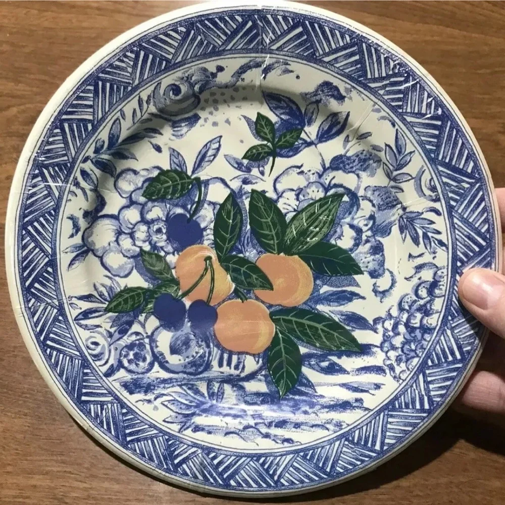 Isabelle De Borchgrave Caspari Salad Dessert Paper Plates Blue White Apricot Lot